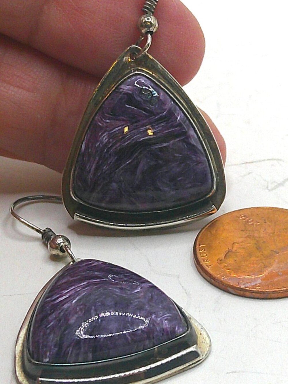 Vintage Charoite Stone Earrings Stamped Sterling DKW